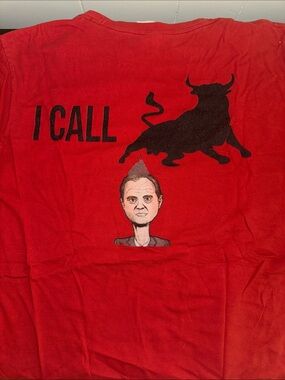 Gildan Red Short Sleeve Tee with Black Bull Graphic and 'I CALL' Text